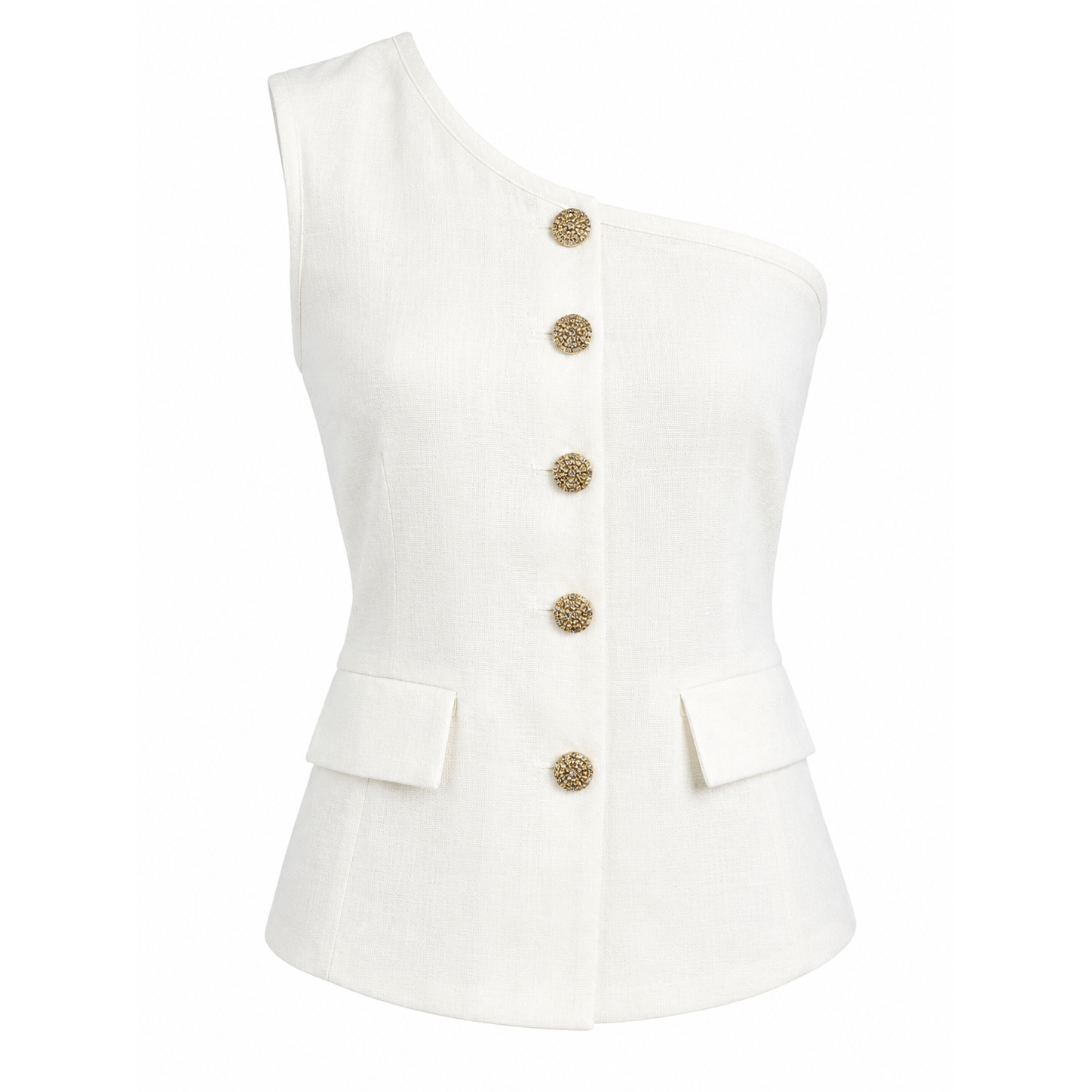 One shoulder linen top with gold buttons 