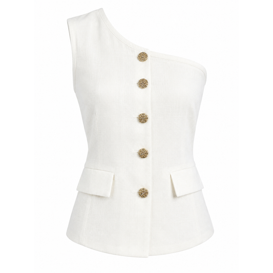 One shoulder linen top with gold buttons 