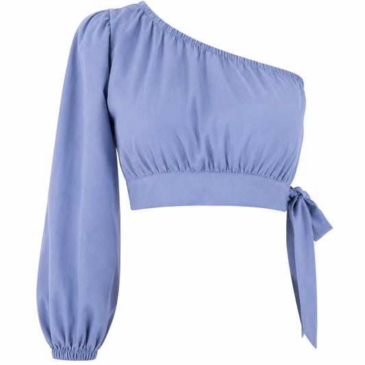 One shoulder linen blend top 