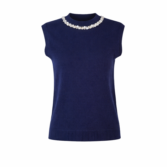 Sleeveless knit with rhinestones collar Bleu