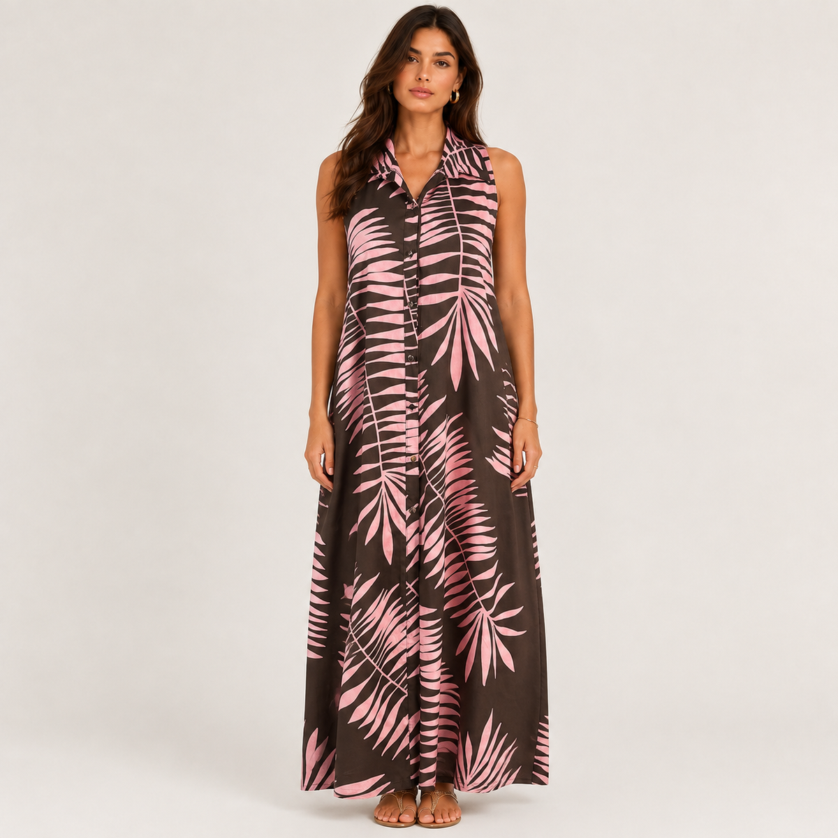 Brown & Pink Tropical Print Dress