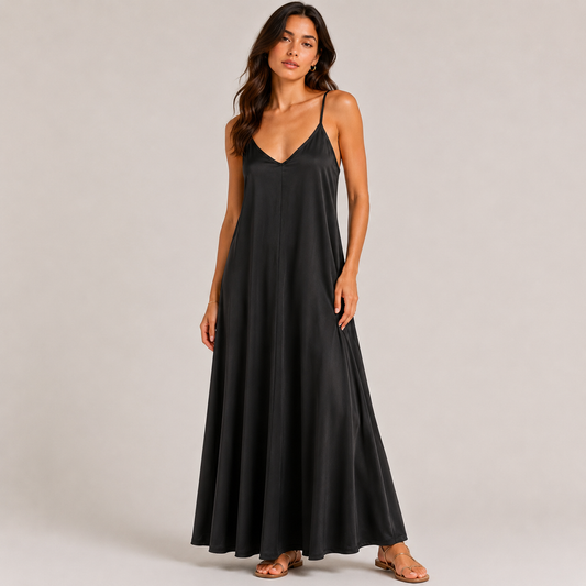 V-neck viscose maxi black dress 