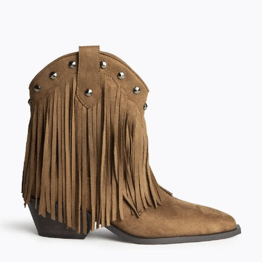 Corina Shoes Camel suede western boots with fringes