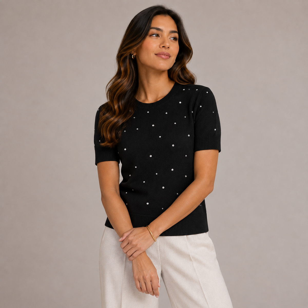 Short sleeves black knit with rhinestones 