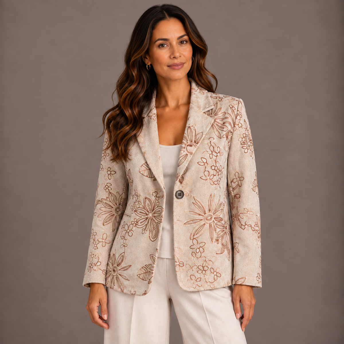 Beige Suede Embroidered Blazer 