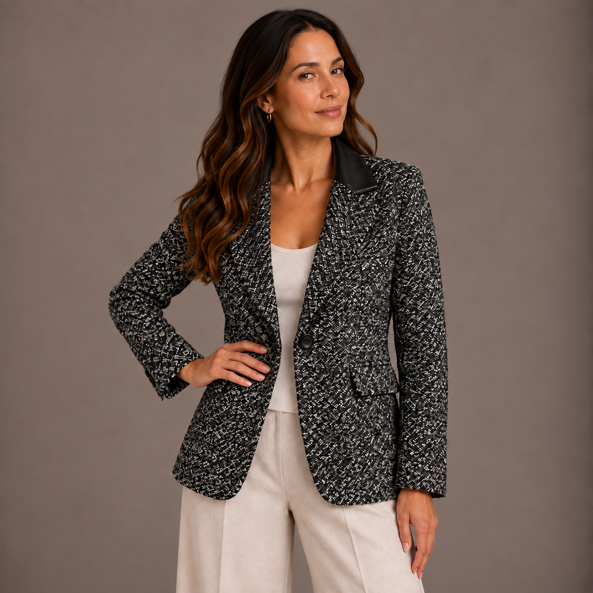 Black Tweed Blazer with Leather Collar 