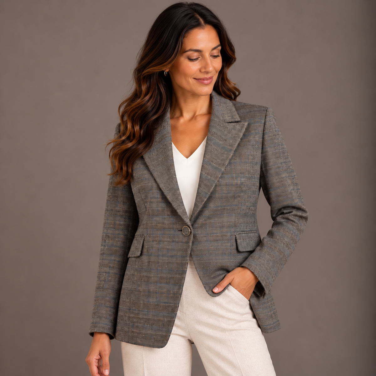 Brown Check Blazer for Women 