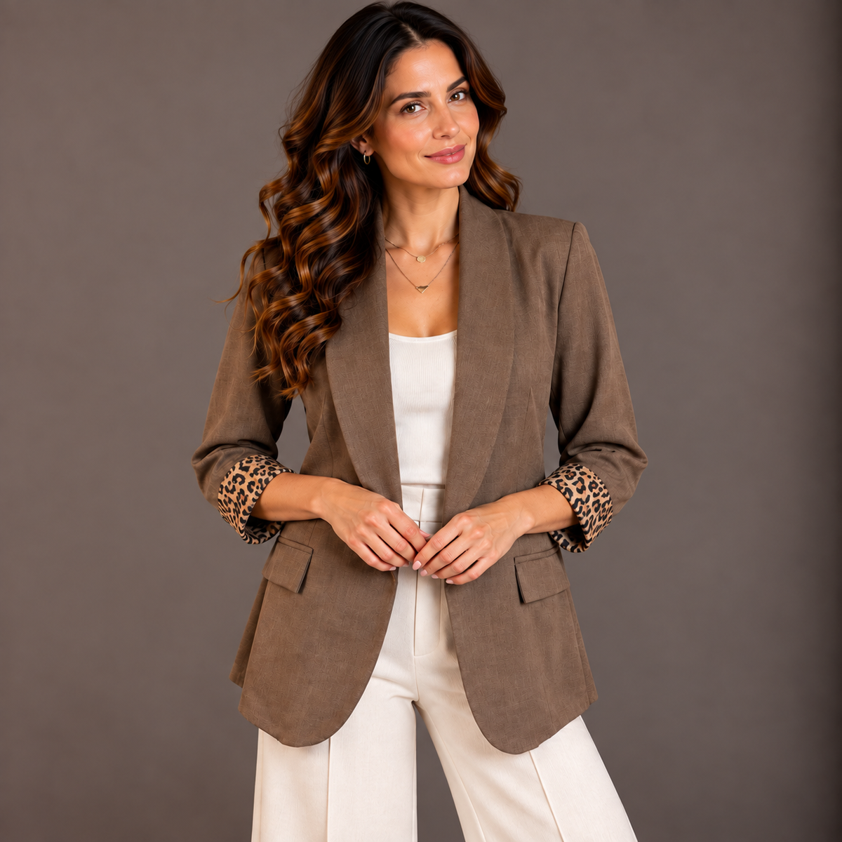Taupe Blazer with Leopard Sleeves 