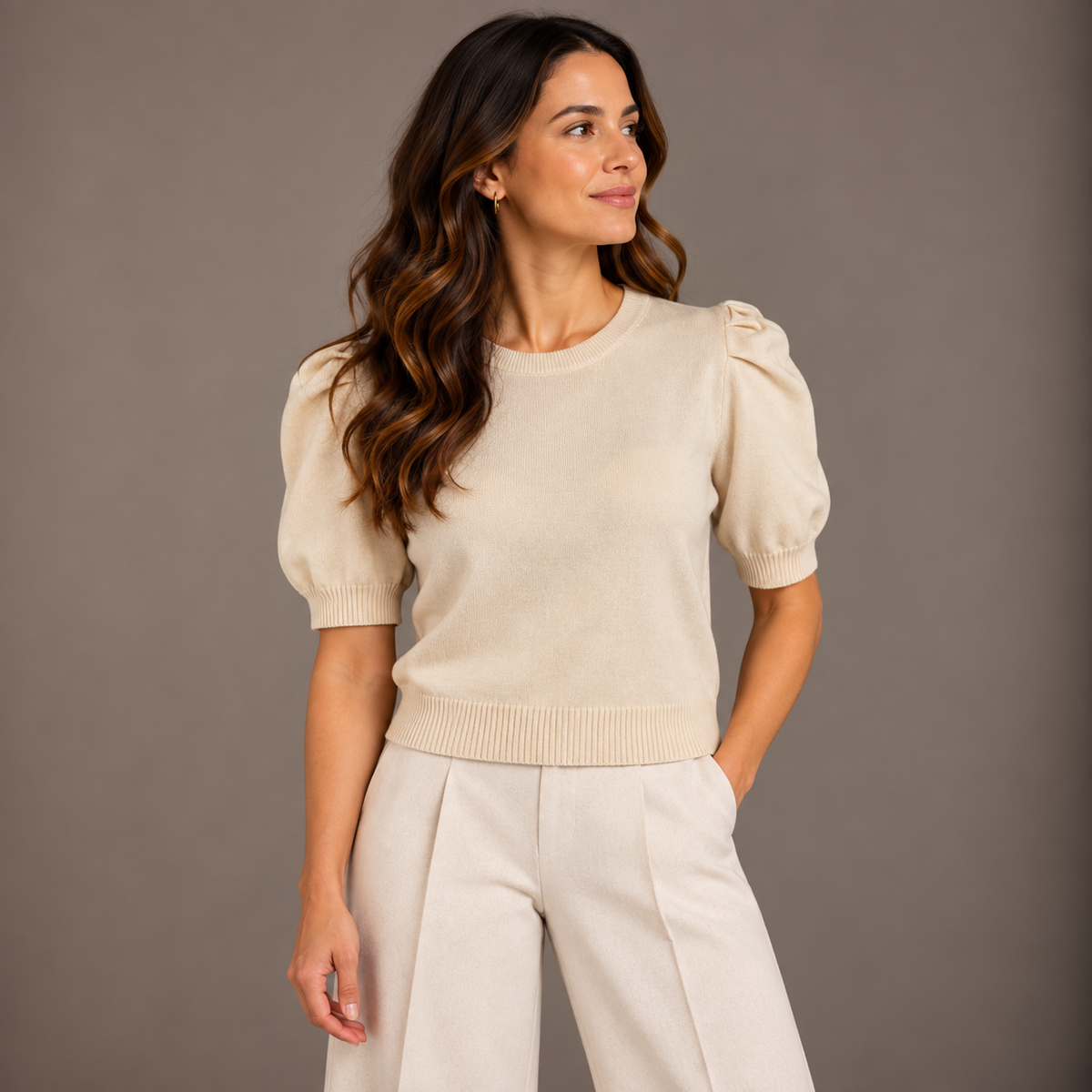 Beige Short-Sleeve Knit Top