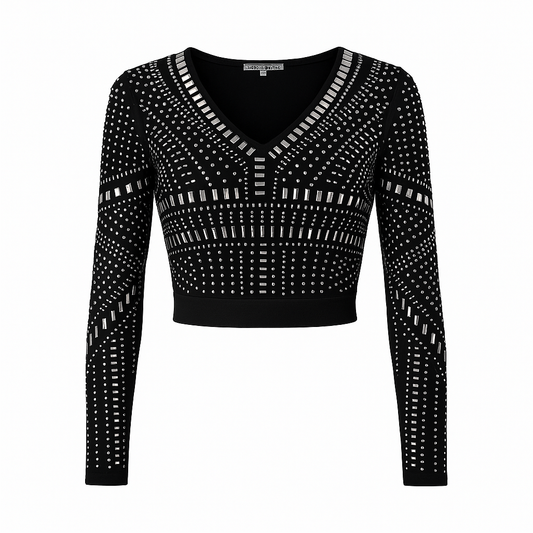 Black vneck top with rhinestones