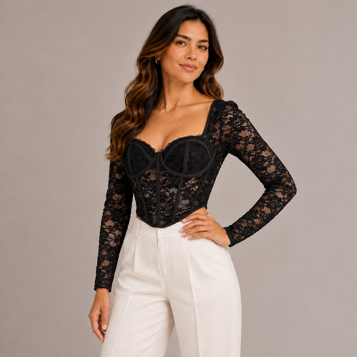 Black Long-Sleeve Lace Crop Top – product photo 1