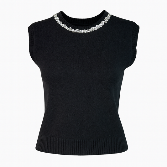 Sleeveless knit with rhinestones collar Black