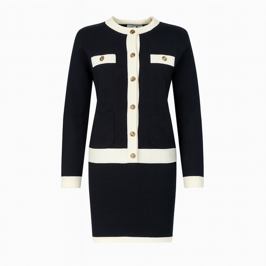 Set: open knit cardigan with buttons + short knit skirt