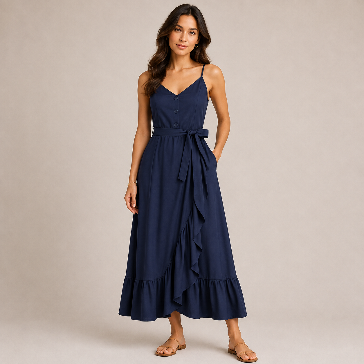 Sleeveless maxi dress with belt 