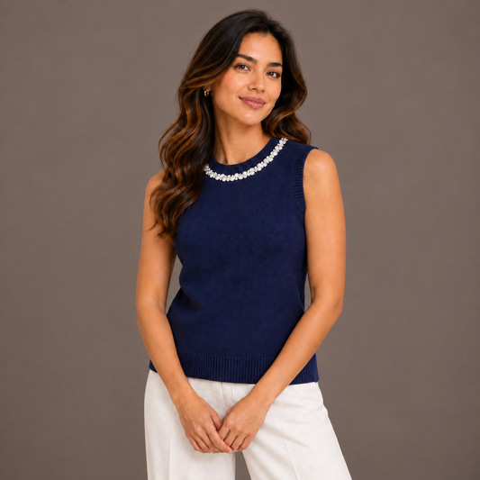 Sleeveless Knit with Rhinestones Collar Blue 
