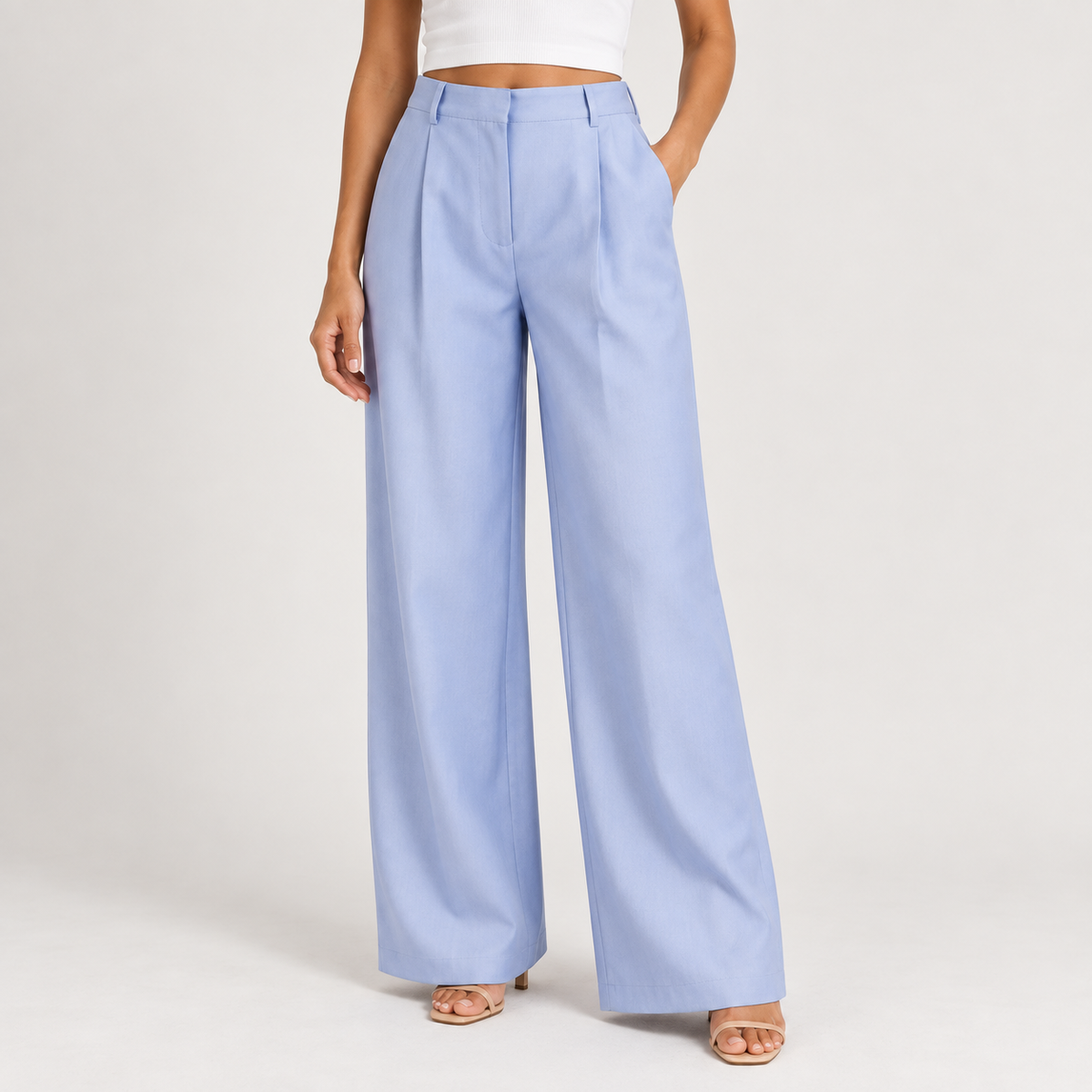 Blue Wide-Leg Pleated Trousers 
