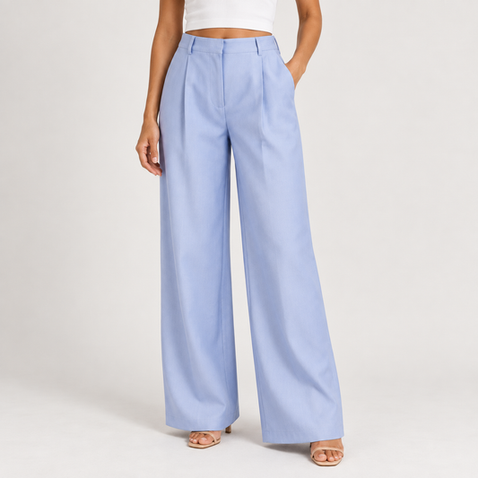 Blue Wide-Leg Pleated Trousers 