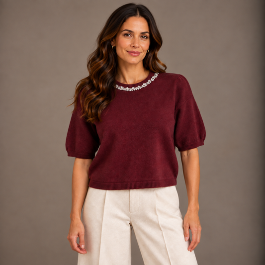 Bordeaux Knit Top with Rhinestone Collar 