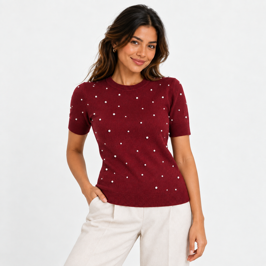 Short Sleeves Knit with Rhinestones Bordeaux 
