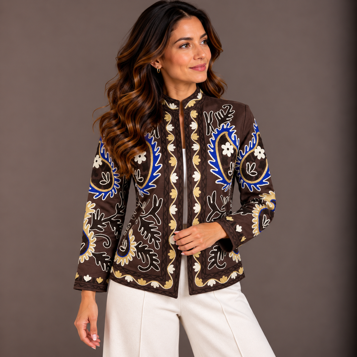 Brown Embroidered Jacket for Women