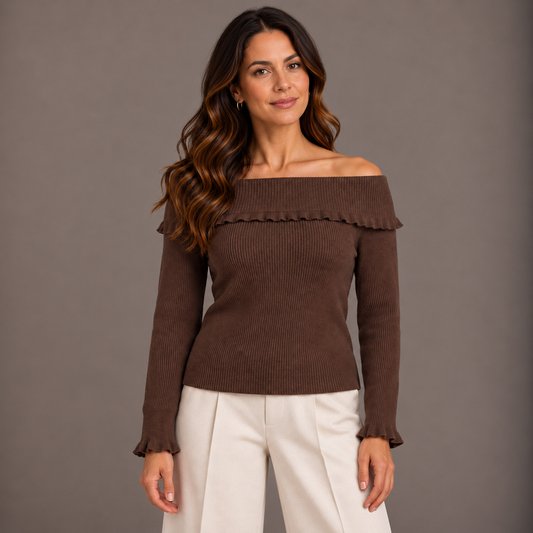 Brown Off-Shoulder Knit Top 
