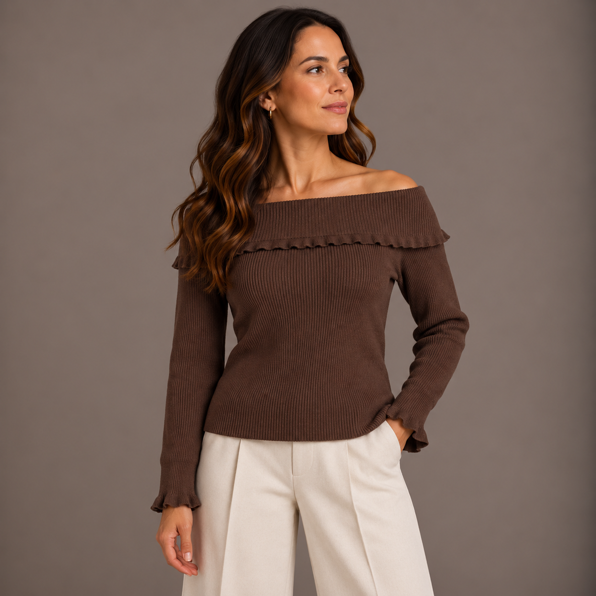 Brown Off-Shoulder Knit Top