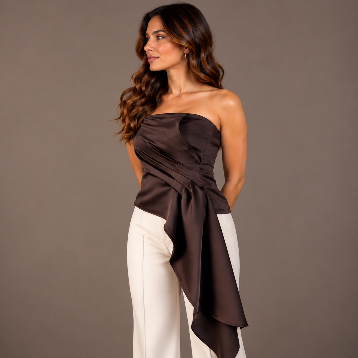 Brown Satin-Finish Bustier Top