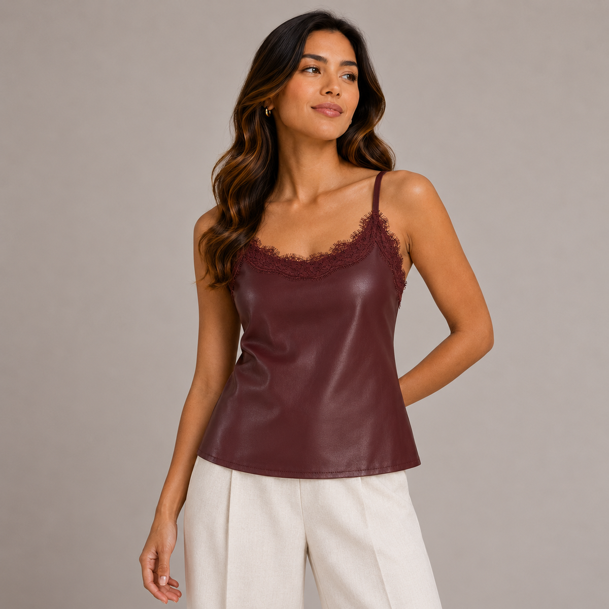 Eco leather top with dentelle Bordeaux 