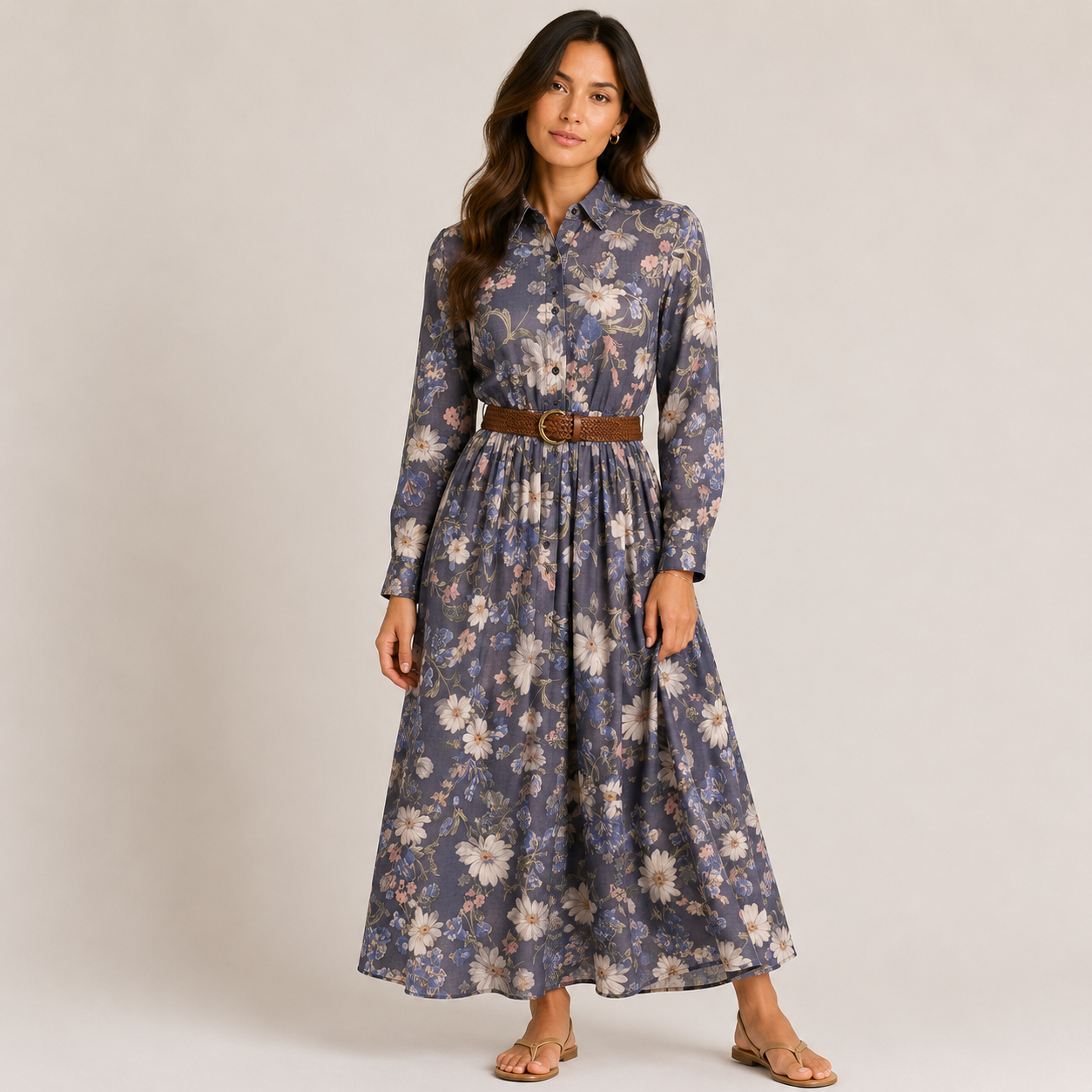 Printed shirt dress with belt 