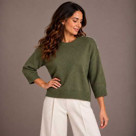 Green Knit Top with Rhinestone Buttons 