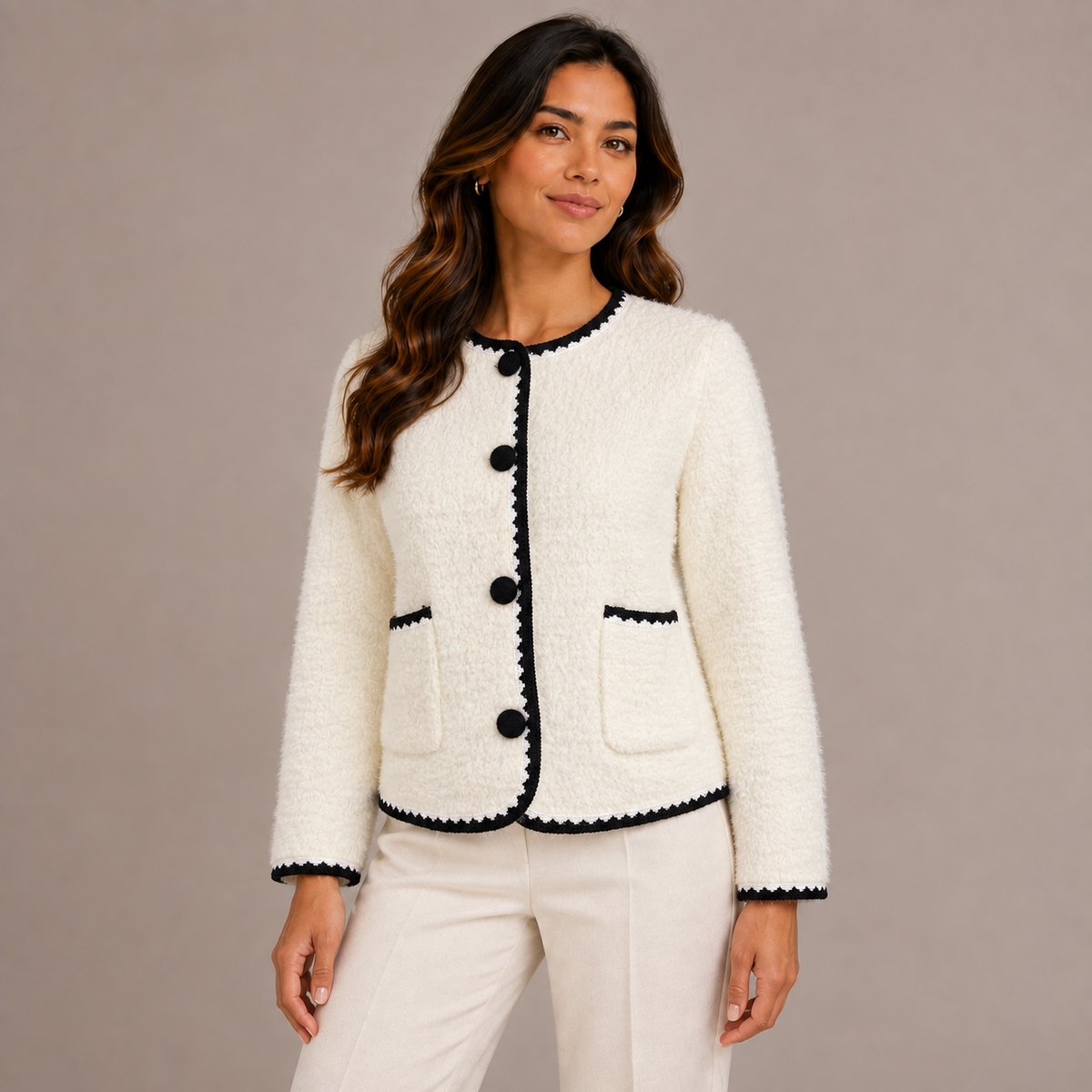 Ivory and black trim knit jacket for women – Atelierose Winter 2027