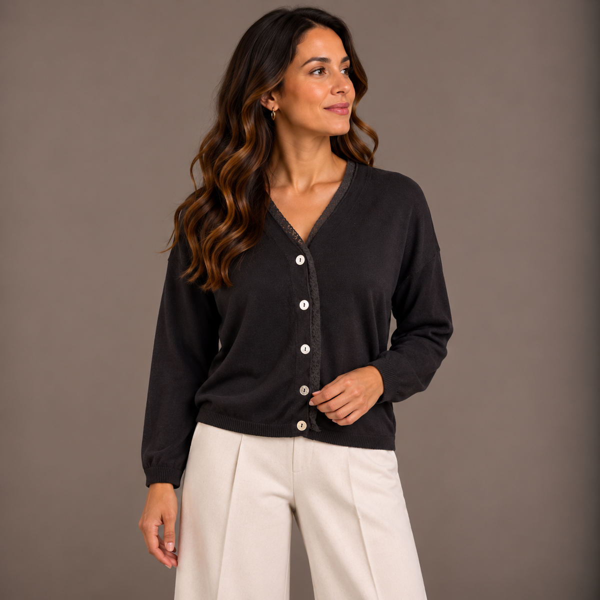 Lace-Detail Cardigan – Black & Taupe