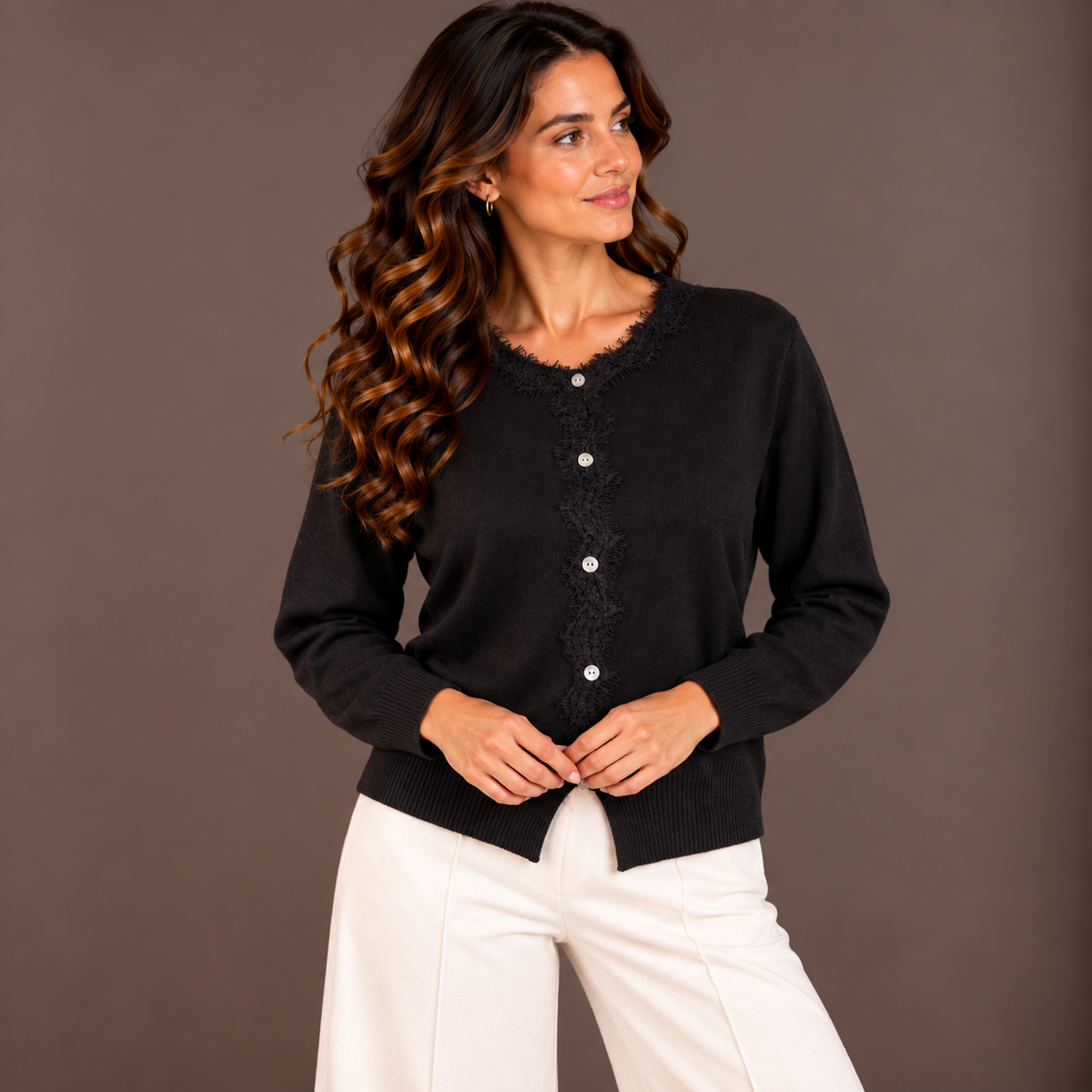 Lace-Detail Knit Top – Black & Beige