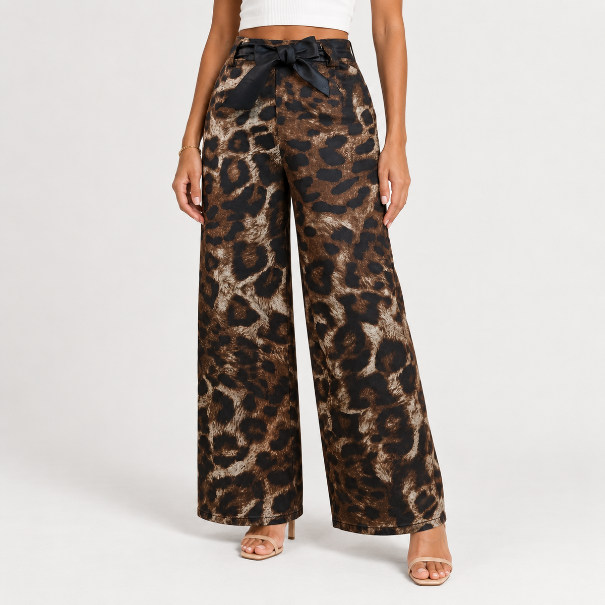 Leopard print trousers with black belt 