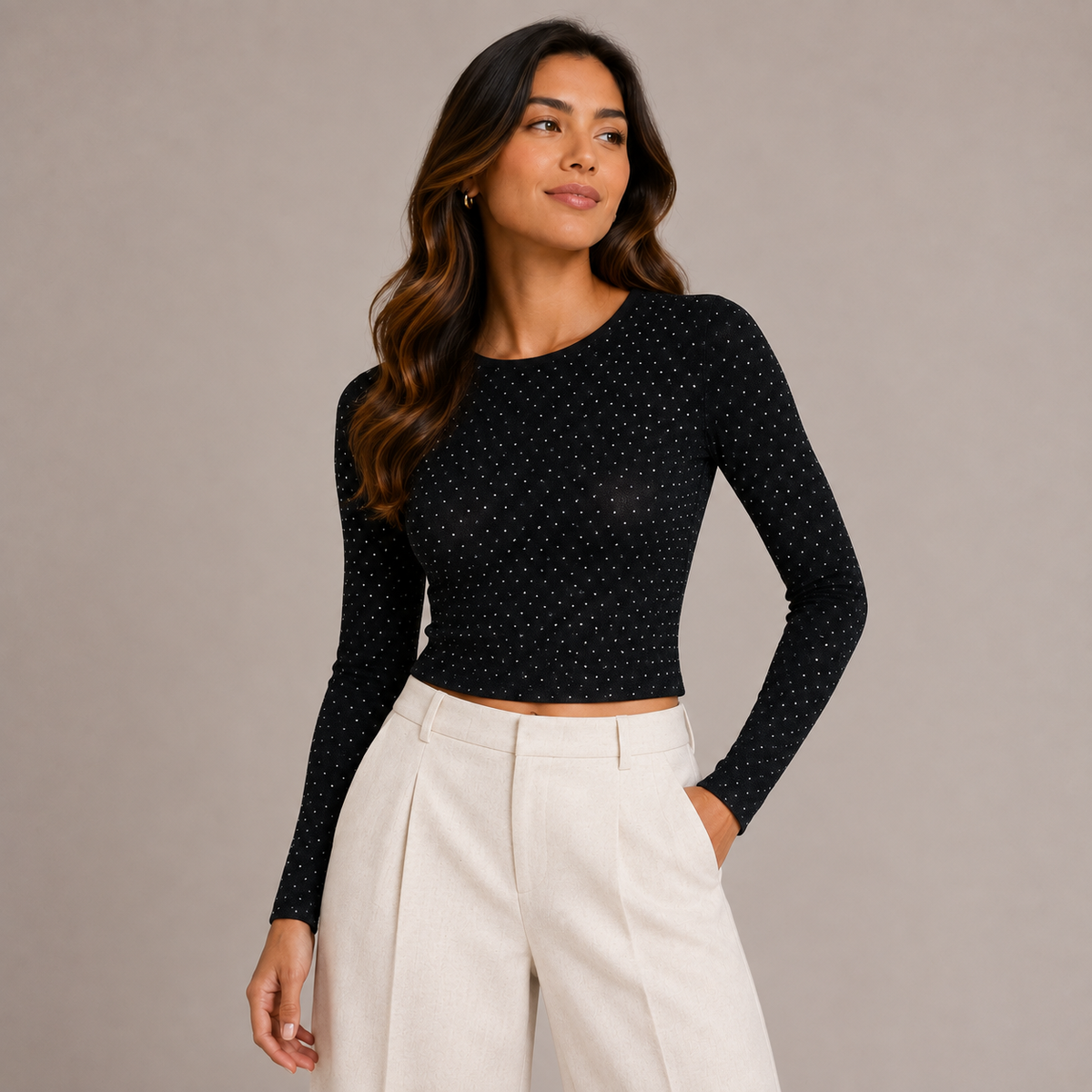 Long sleeves metallic top with silver dots 