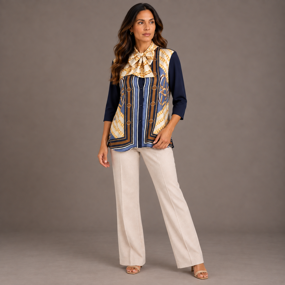 Navy Printed Shirt with Scarf