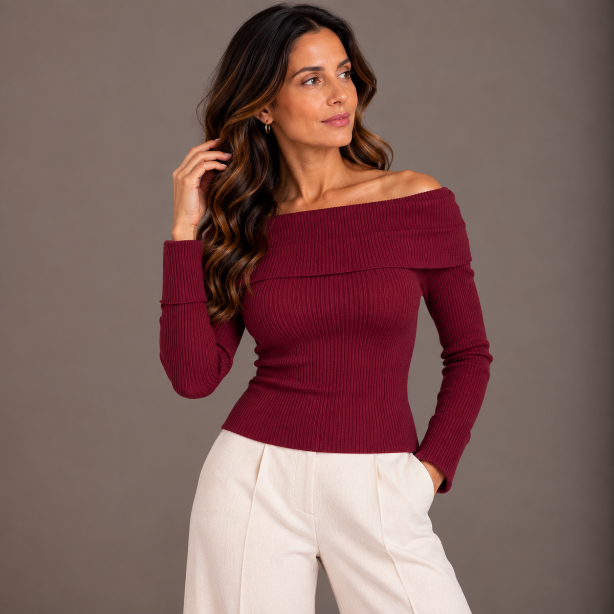 Off-Shoulder Knit Top – Winter Colors – alternate view 3