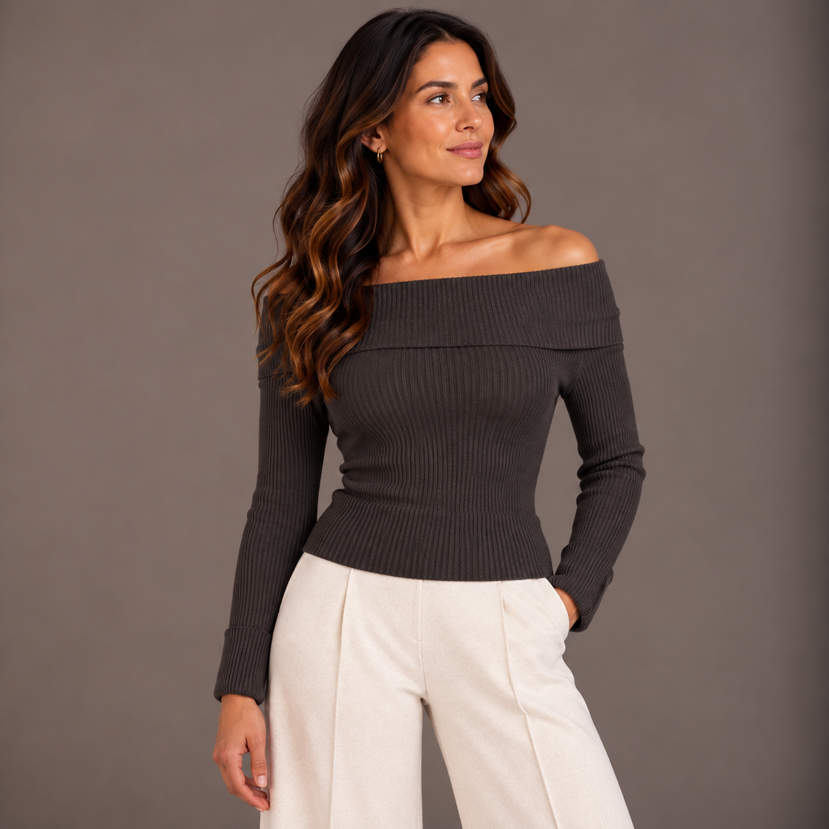 Off-Shoulder Knit Top – Winter Colors