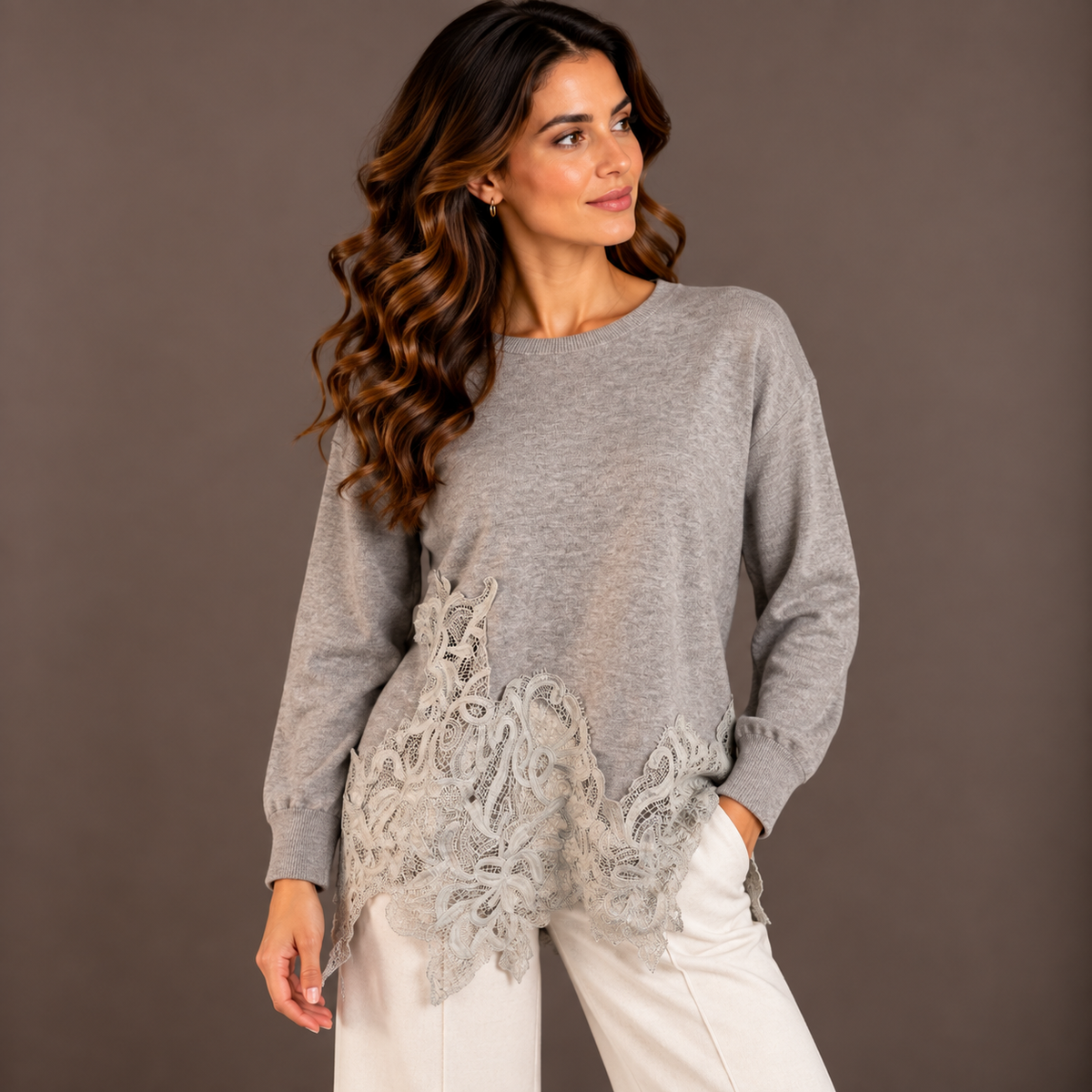 Oversized Lace-Detail Knit – Beige, Grey & Black – alternate view 3