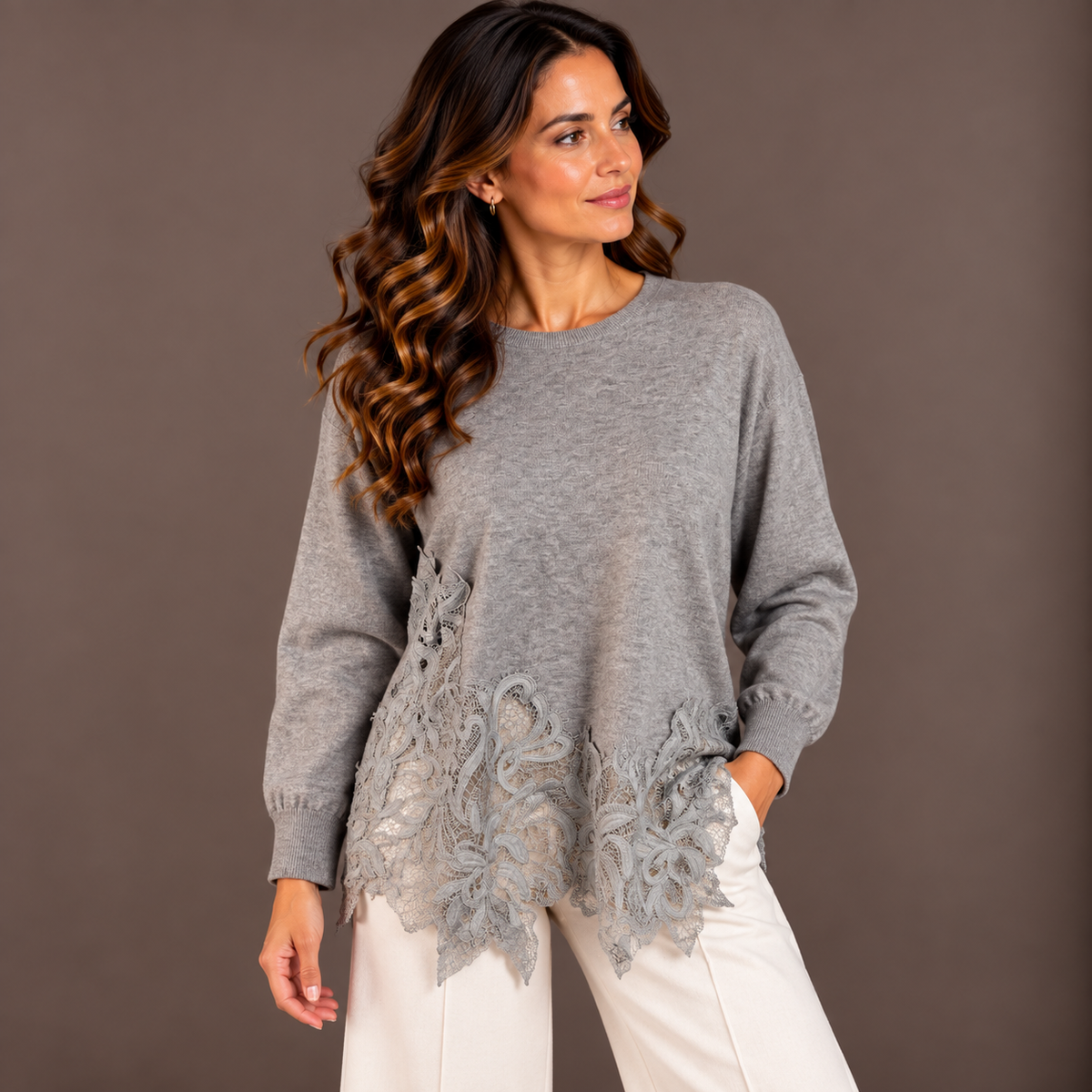 Oversized Lace-Detail Knit – Beige, Grey & Black