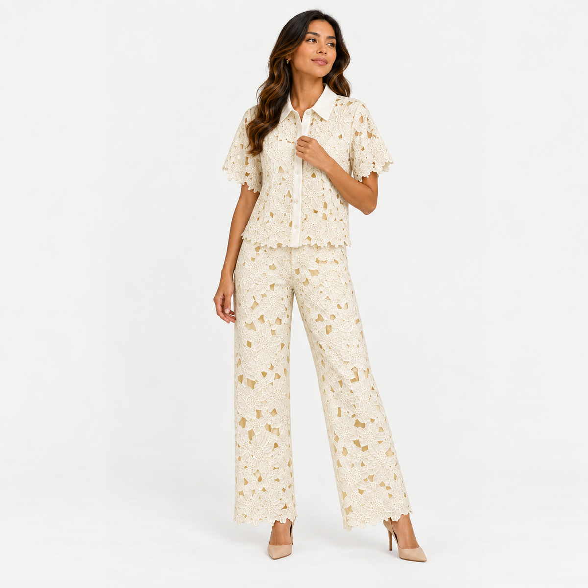 Embroidered Cropped Shirt & Wide-Leg Trouser Set 