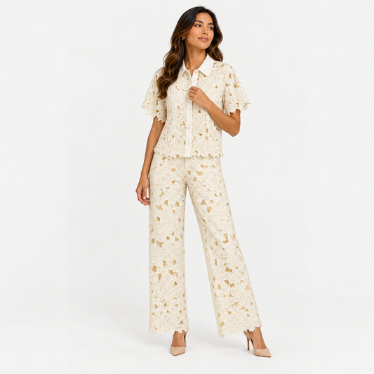Embroidered Cropped Shirt & Wide-Leg Trouser Set 