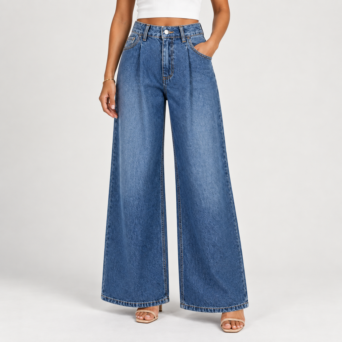 Pleated Wide-Leg Blue Jeans 