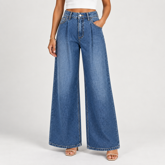 Pleated Wide-Leg Blue Jeans 