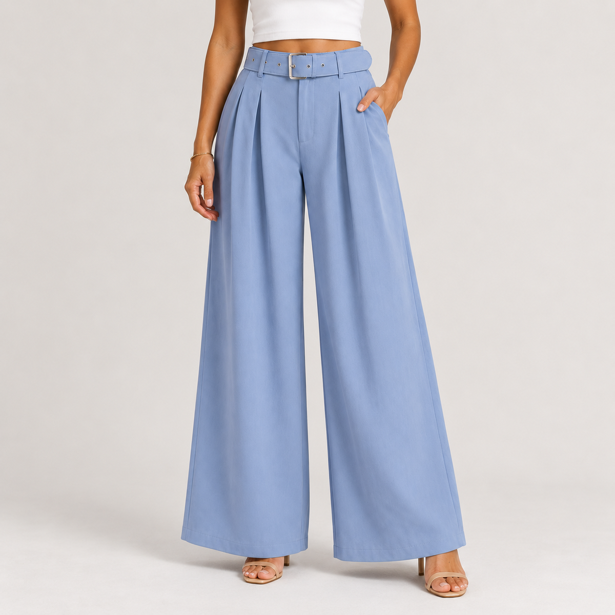Pleated Wide-Leg Trousers with Belt 