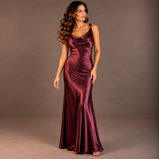 Satin Maxi Dress – Brown, Black & Bordeaux 