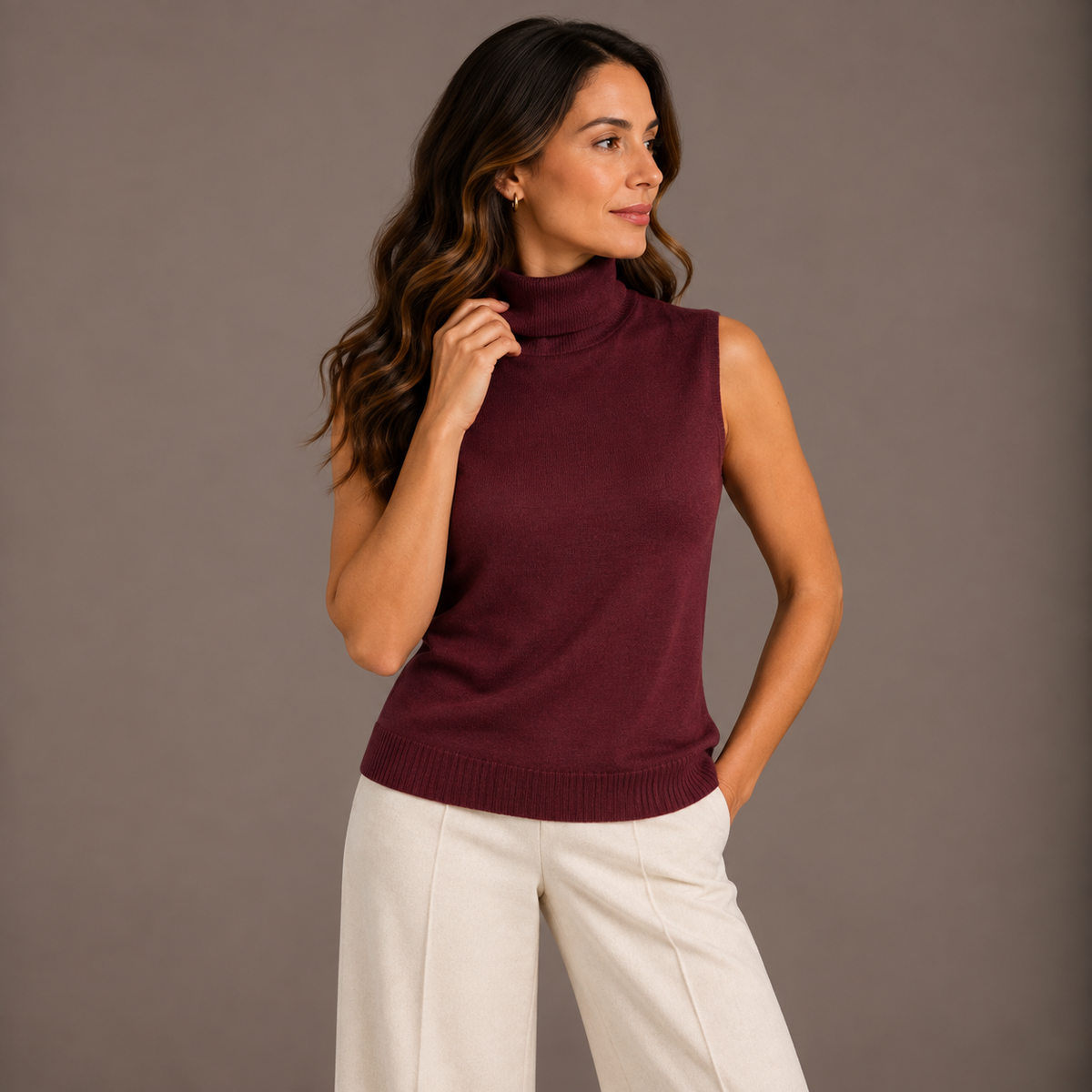 Sleeveless High-Neck Knit – Brown & Burgundy – alternate view 2
