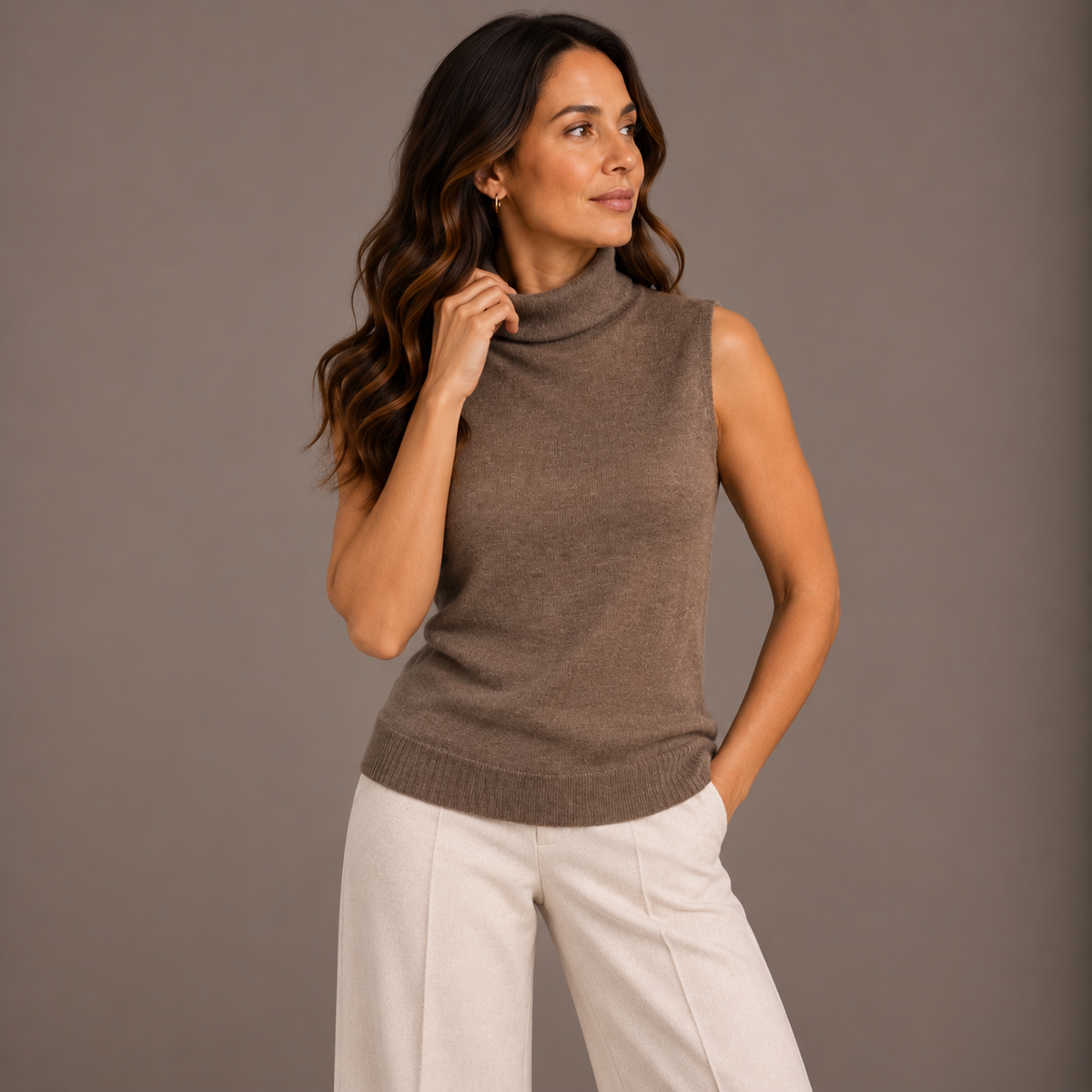 Sleeveless High-Neck Knit – Brown & Burgundy
