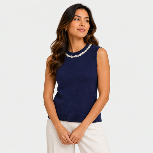 Sleeveless knit with rhinestones collar Bleu 