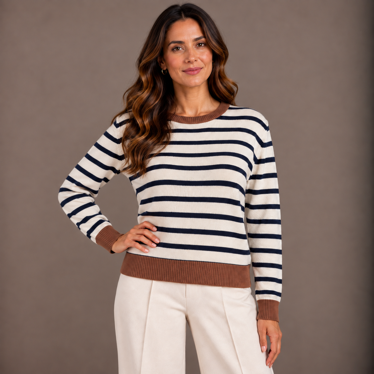 Striped Sweater – Off-White & Taupe 